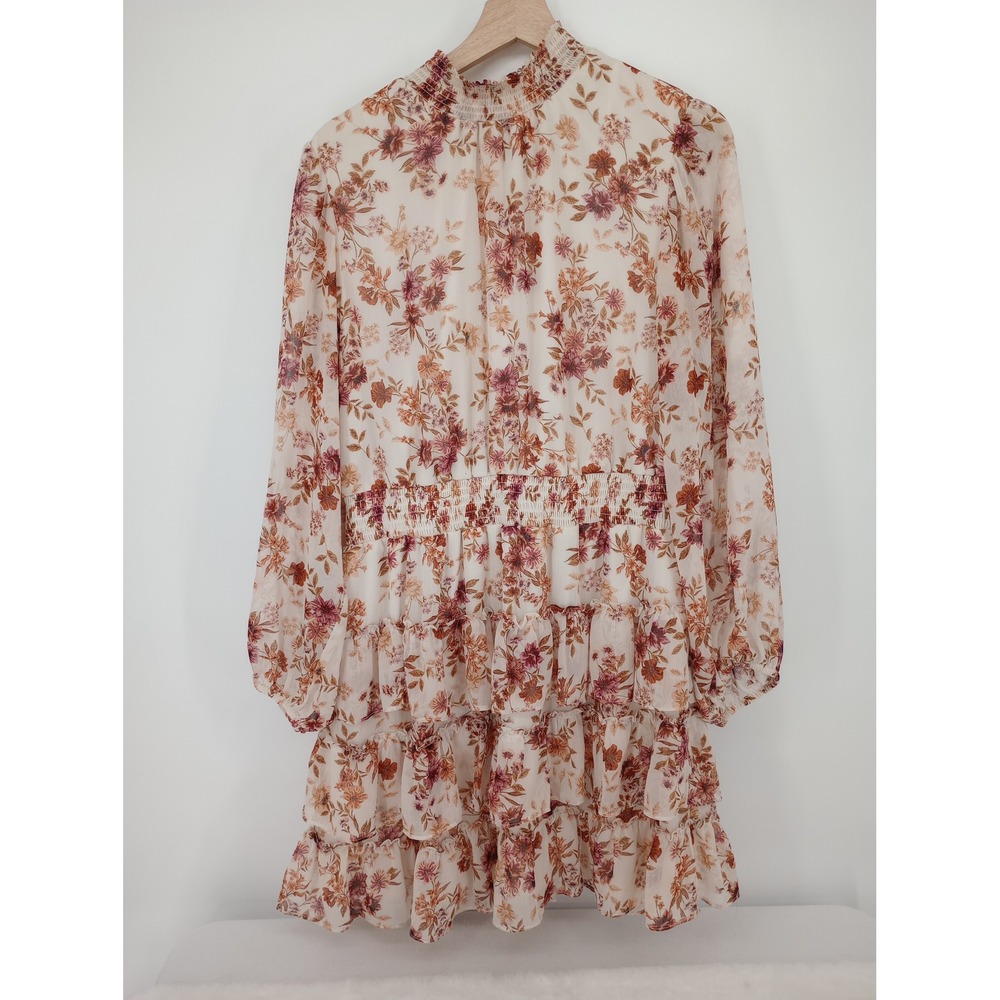1.STATE Mini Dress Womens XL Cream Floral Smocked Mock Neck Tiered Boho